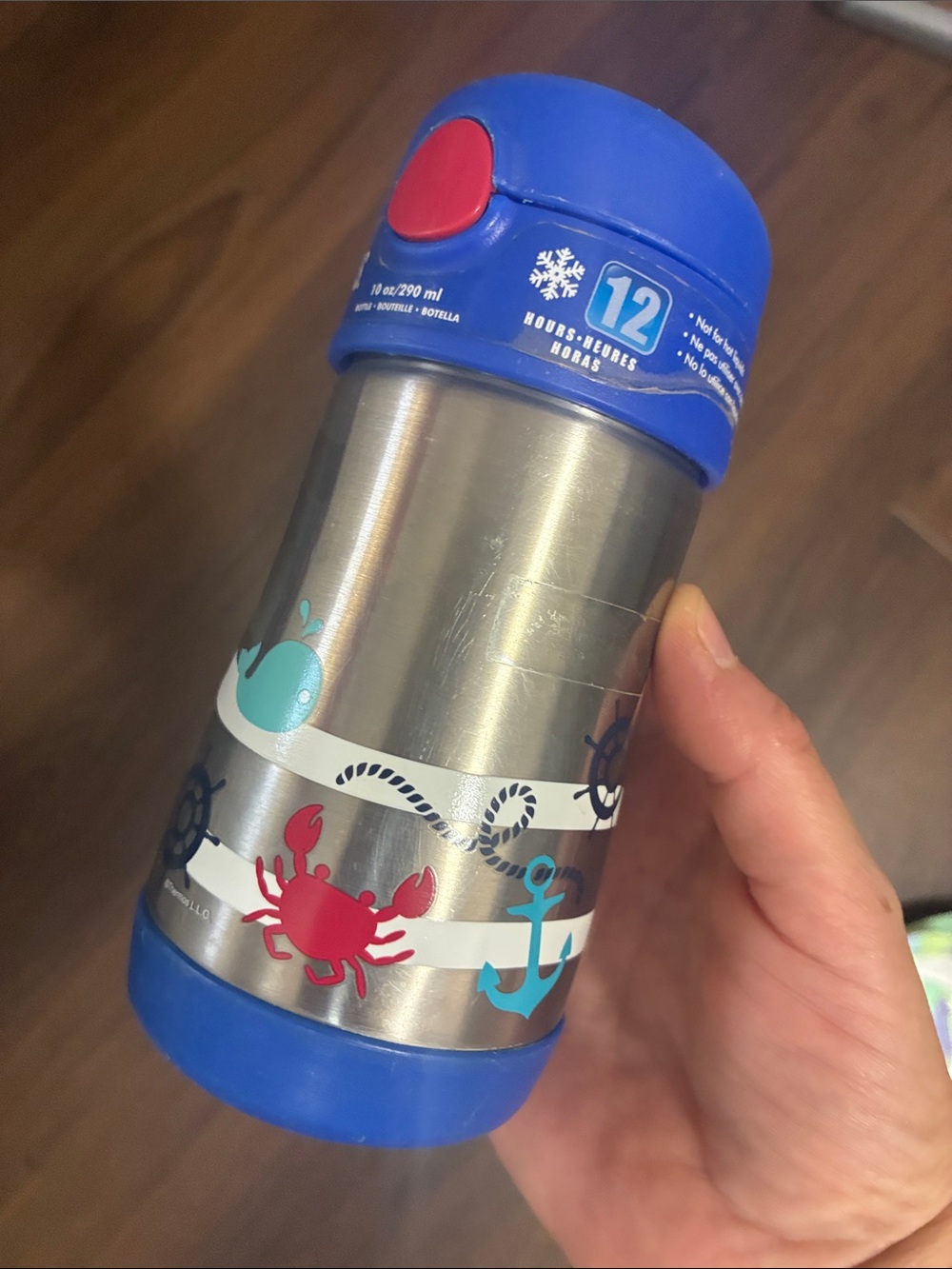 THERMOS Kids Stainless Steel Insulated Water Bottle Blue Nautical Design 10 Oz.